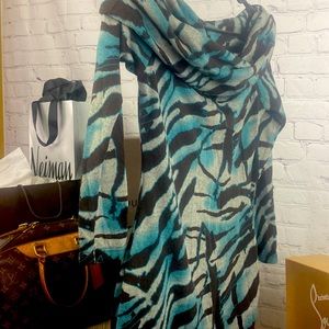 Arden B, off the shoulder grey, brown, turquoise mini winter dress!